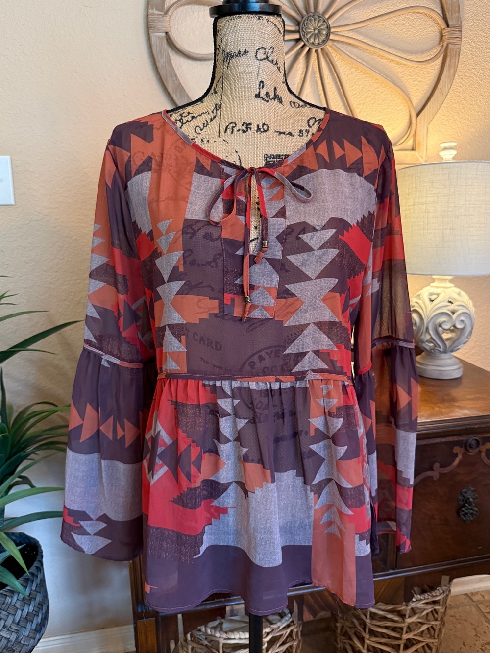 dylan Lightweight Sheer Bohemian Aztec Print Blouse